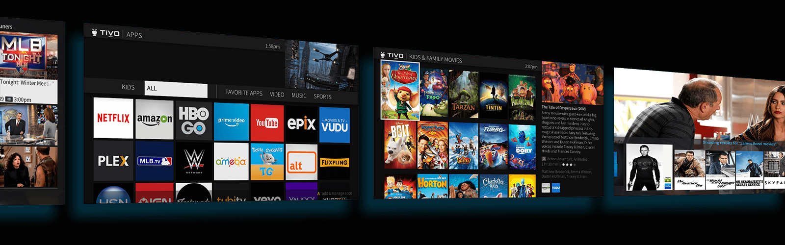 A panoramic graphic that shows several elements of TiVo’s user interface, such as an app view and a search results page. 