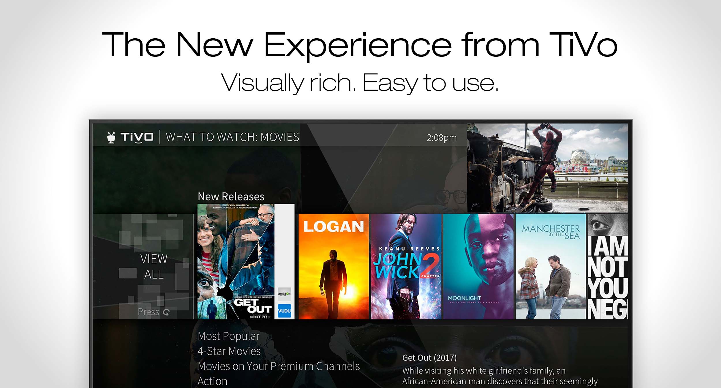 A graphic showcasing TiVo's New Experience user interface, with movies like Logan and John Wick 2 visible in a carousel