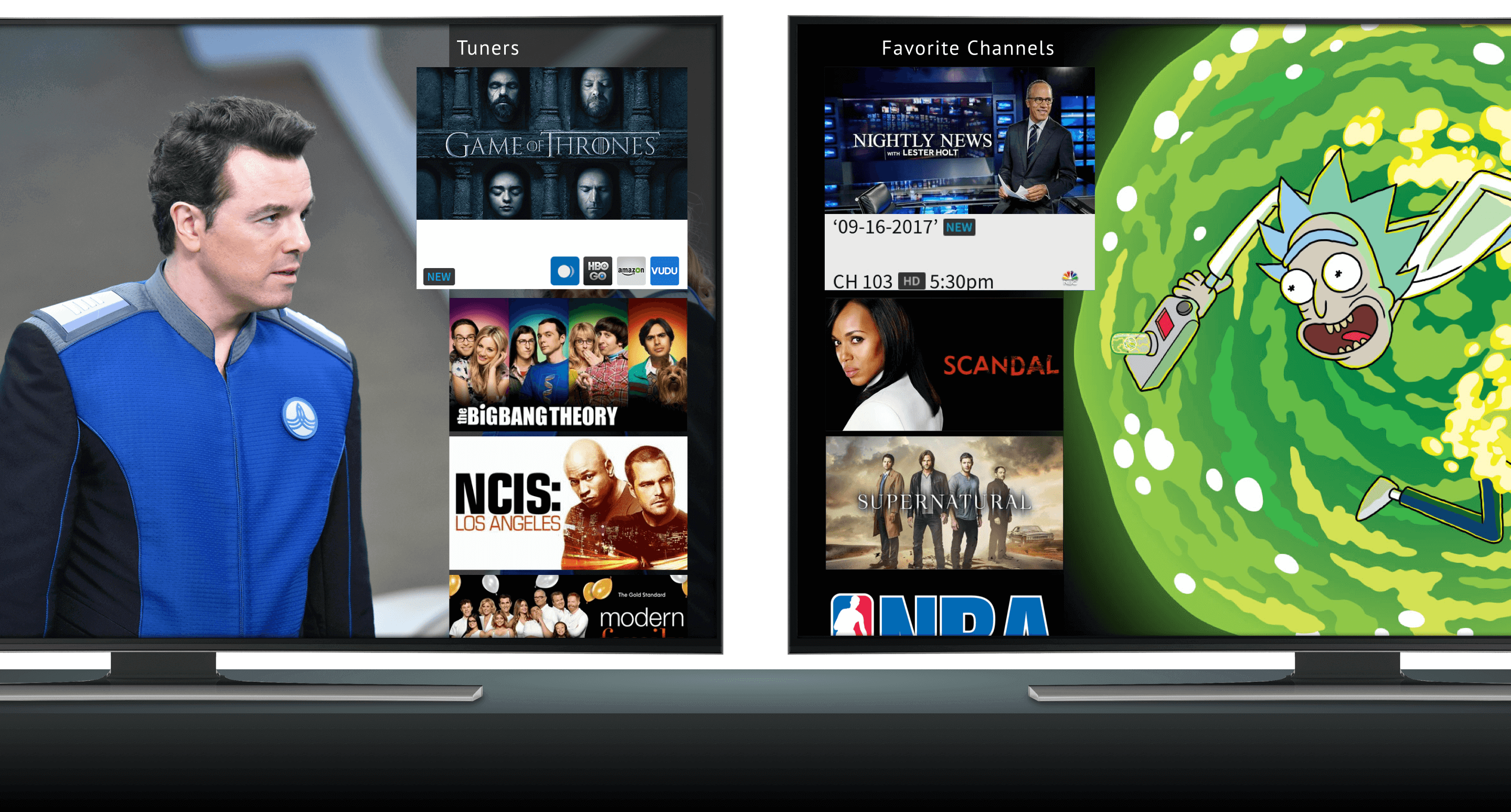 A side-by-side graphic of TiVo's Quickview™ interface, which acts as an overlay you can use to access various shows and movies without leaving full-screen TV mode.